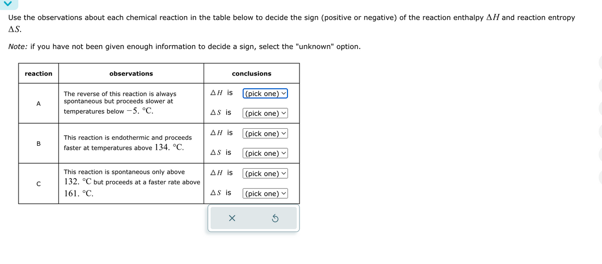 Use the observations about each chemical reaction in the table below to decide the sign (positive or negative) of the reaction enthalpy AH and reaction entropy
AS.
Note: if you have not been given enough information to decide a sign, select the "unknown" option.
reaction
observations
conclusions
A
The reverse of this reaction is always
spontaneous but proceeds slower at
temperatures below -5. °C.
ΔΗ is
(pick one) ✓
AS is
(pick one)
ΔΗ is
B
This reaction is endothermic and proceeds
faster at temperatures above 134. °C.
(pick one)
AS is
(pick one)
This reaction is spontaneous only above
AH is
(pick one)
C
132. °C but proceeds at a faster rate above
161. °C.
AS is
(pick one)
✓