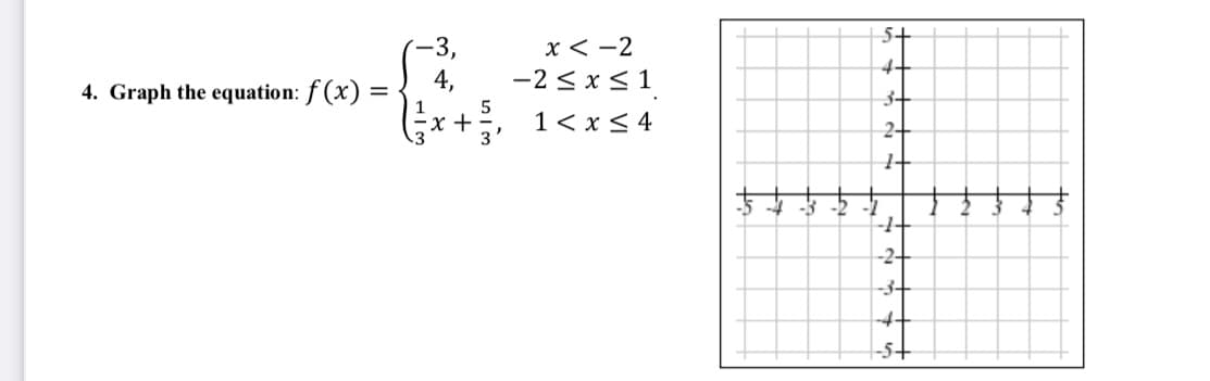 4. Graph the equation: f(x) =
-3,
4,
x<-2
-2 ≤ x ≤ 1
1 < x≤ 4
-3
-
5+
10+
4+
3+
2+
H
-1-
723
-2+
-34
4+
-5+