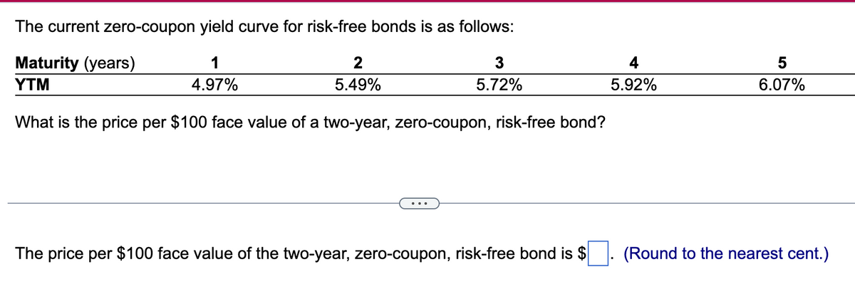 The current zero-coupon yield curve for risk-free bonds is as follows:
1
4.97%
Maturity (years)
YTM
What is the price per $100 face value of a two-year, zero-coupon, risk-free bond?
2
5.49%
3
5.72%
The price per $100 face value of the two-year, zero-coupon, risk-free bond is $
4
5.92%
5
6.07%
(Round to the nearest cent.)
