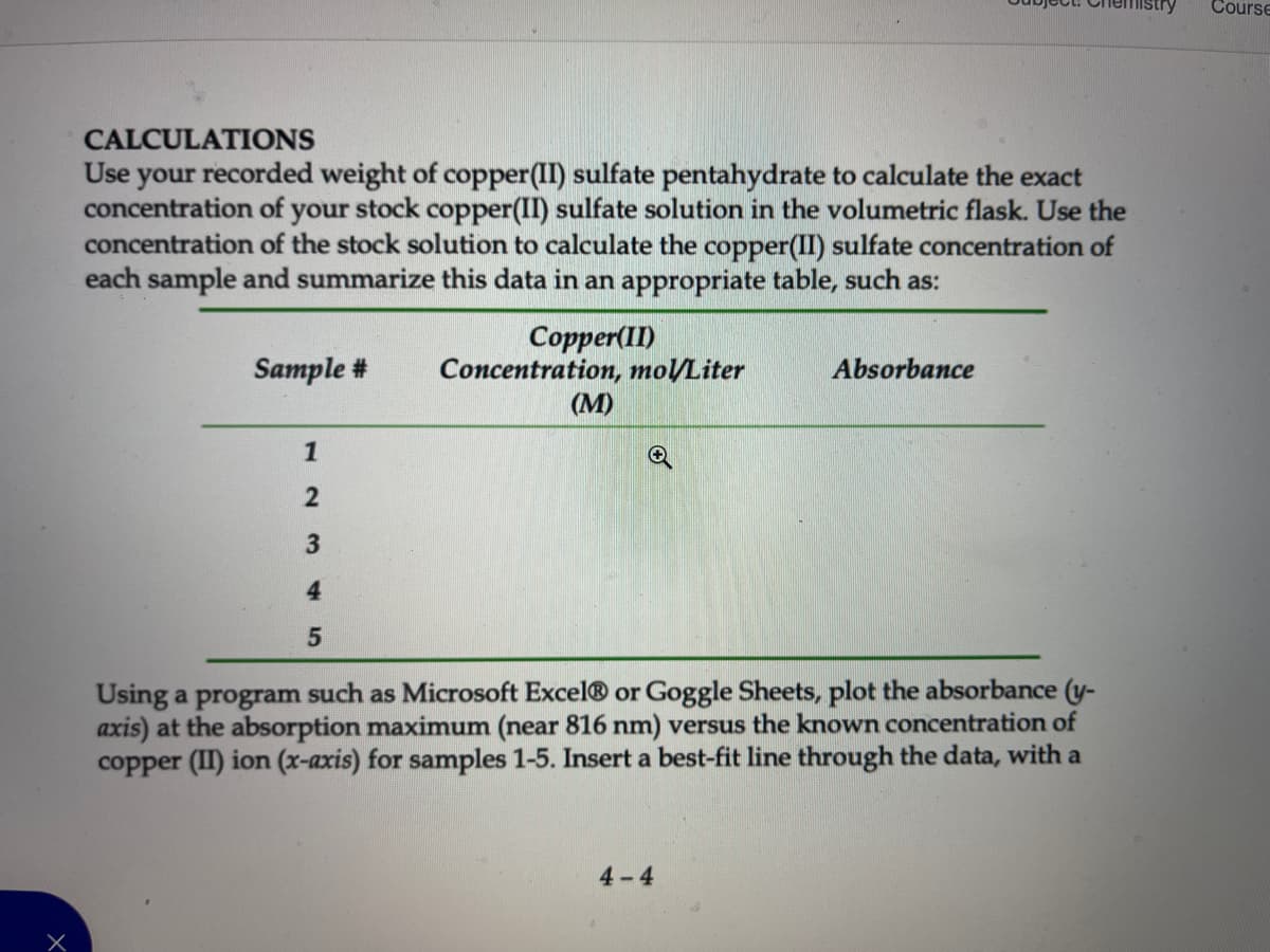 X
CALCULATIONS
Use your recorded weight of copper(II) sulfate pentahydrate to calculate the exact
concentration of your stock copper(II) sulfate solution in the volumetric flask. Use the
concentration of the stock solution to calculate the copper(II) sulfate concentration of
each sample and summarize this data in an appropriate table, such as:
Copper(II)
Sample # Concentration, mol/Liter
1
2
3
4
5
(M)
→
Absorbance
Using a program such as Microsoft Excel® or Goggle Sheets, plot the absorbance (y-
axis) at the absorption maximum (near 816 nm) versus the known concentration of
copper (II) ion (x-axis) for samples 1-5. Insert a best-fit line through the data, with a
4-4
Course