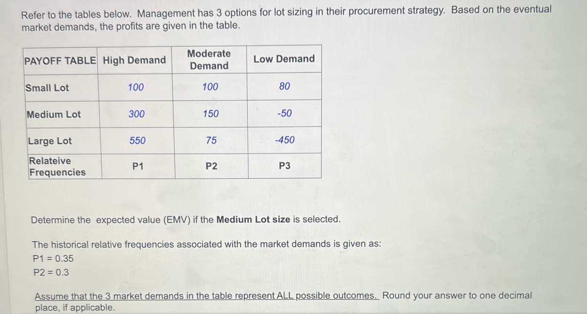 Refer to the tables below. Management has 3 options for lot sizing in their procurement strategy. Based on the eventual
market demands, the profits are given in the table.
PAYOFF TABLE High Demand
Small Lot
Medium Lot
Large Lot
Relateive
Frequencies
100
300
550
P1
Moderate
Demand
100
150
75
P2
Low Demand
80
-50
-450
P3
Determine the expected value (EMV) if the Medium Lot size is selected.
The historical relative frequencies associated with the market demands is given as:
P1 = 0.35
P2 = 0.3
Assume that the 3 market demands in the table represent ALL possible outcomes. Round your answer to one decimal
place, if applicable.