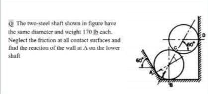 e The two-steel shaft shown in figure have
the same diameter and weight 170 lh cach.
Neglect the friction at all contact surfaces and
find the reaction of the wall at A on the lower
shaft
