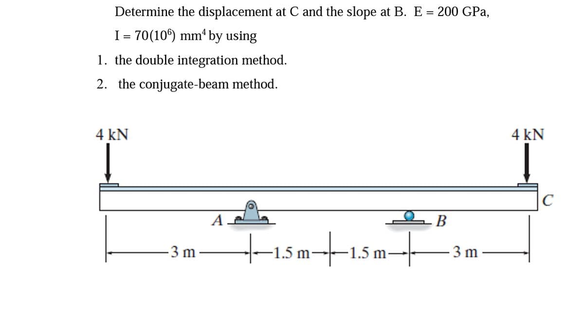 Determine the displacement at C and the slope at B. E = 200 GPa,
I = 70(10) mm' by using
-
1. the double integration method.
2. the conjugate-beam method.
4 kN
4 kN
C
A
tism-t15m
3 m
-1.5 m-
3 m
