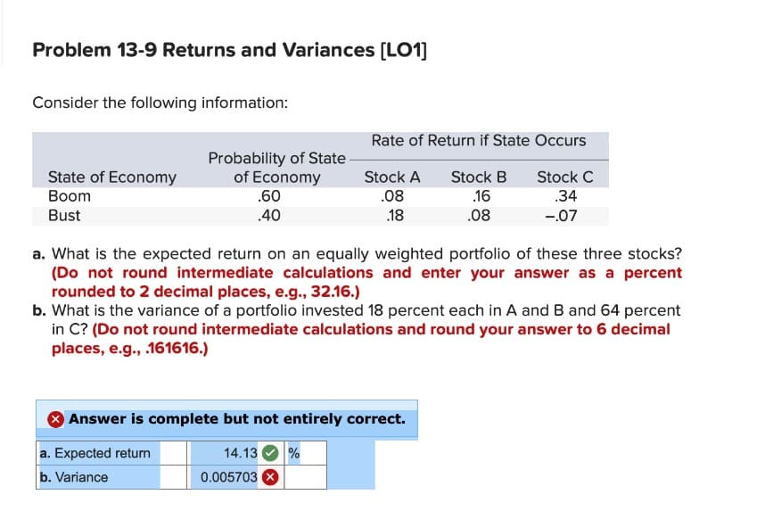 Problem 13-9 Returns and Variances [LO1]
Consider the following information:
Rate of Return if State Occurs
State of Economy
Probability of State
of Economy
Boom
Bust
.60
.40
Stock A
.08
Stock B
.16
Stock C
.34
.18
.08
-.07
a. What is the expected return on an equally weighted portfolio of these three stocks?
(Do not round intermediate calculations and enter your answer as a percent
rounded to 2 decimal places, e.g., 32.16.)
b. What is the variance of a portfolio invested 18 percent each in A and B and 64 percent
in C? (Do not round intermediate calculations and round your answer to 6 decimal
places, e.g., .161616.)
Answer is complete but not entirely correct.
a. Expected return
b. Variance
14.13%
0.005703