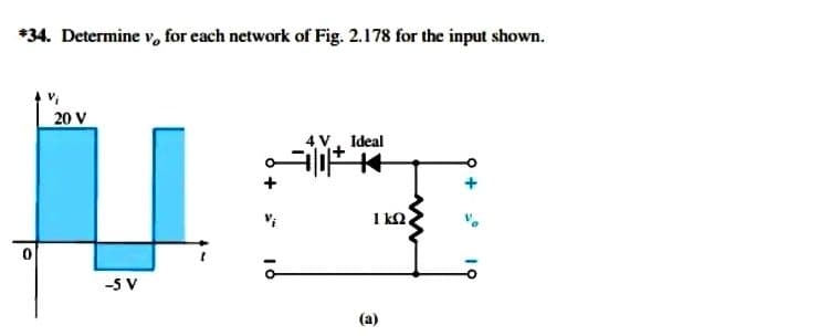 *34. Determine v, for each network of Fig. 2.178 for the input shown.
20 V
4 V, Ideal
1 kn.
-5 V
(a)
+
