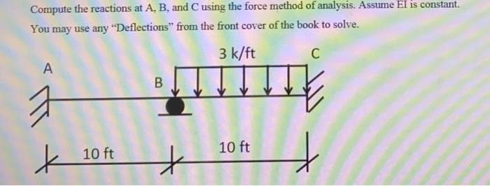 Compute the reactions at A, B, and C using the force method of analysis. Assume El is constant.
You may use ay "Deflections" from the front cover of the book to solve.
3 k/ft
C
A
10 ft
10 ft
B.
