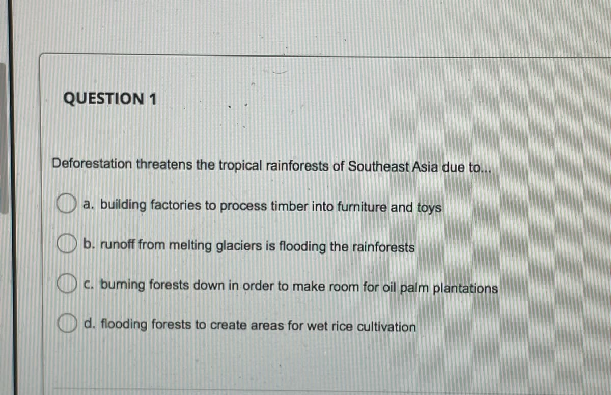 QUESTION 1
Deforestation threatens the tropical rainforests of Southeast Asia due to...
a. building factories to process timber into furniture and toys
b. runoff from melting glaciers is flooding the rainforests
C. buming forests down in order to make room for oil palm plantations
O d. flooding forests to create areas for wet rice cultivation
