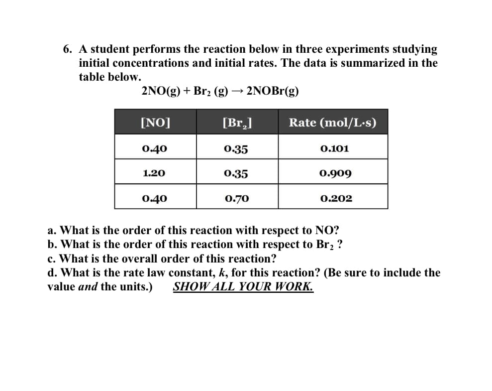 6. A student performs the reaction below in three experiments studying
initial concentrations and initial rates. The data is summarized in the
table below.
2NO(g) + Br₂ (g) 2NOBr(g)
[NO]
0.40
1.20
0.40
[Br₂]
0.35
0.35
0.70
Rate (mol/L.s)
0.101
0.909
0.202
a. What is the order of this reaction with respect NO?
b. What is the order of this reaction with respect to Br₂ ?
c. What is the overall order of this reaction?
d. What is the rate law constant, k, for this reaction? (Be sure to include the
value and the units.) SHOW ALL YOUR WORK.