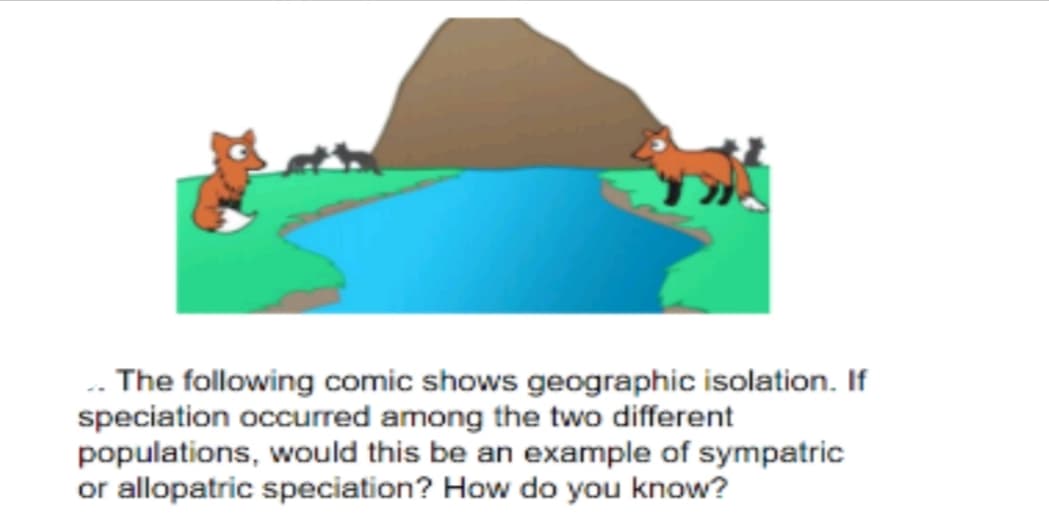 .. The following comic shows geographic isolation. If
speciation occurred among the two different
populations, would this be an example of sympatric
or allopatric speciation? How do you know?
