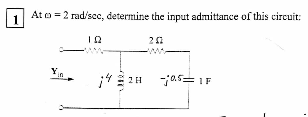 1
At o = 2 rad/sec, determine the input admittance of this circuit:
Y₁
in
192
20
¡42H -j0.5 1F