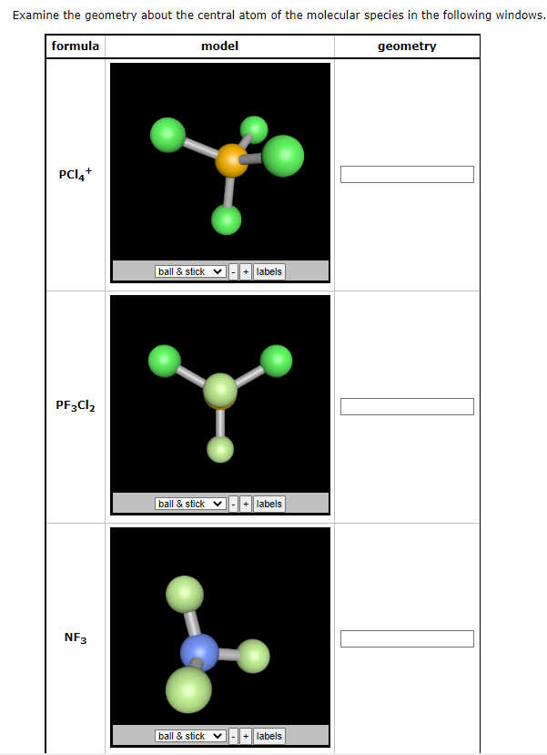 Examine the geometry about the central atom of the molecular species in the following windows.
formula
model
geometry
PCI4+
PF3Cl₂
NF3
ball & stick v
ball & stick ✓
ball & stick ✓
-
+ labels
labels
labels