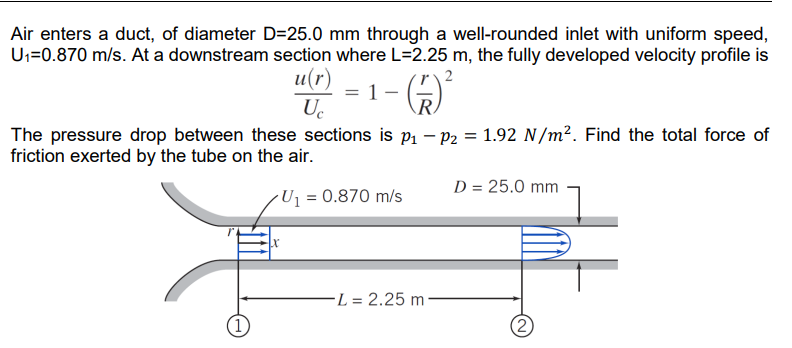 Air enters a duct, of diameter D=25.0 mm through a well-rounded inlet with uniform speed,
U₁=0.870 m/s. At a downstream section where L=2.25 m, the fully developed velocity profile is
u(r)
(7) ²
Uc
The pressure drop between these sections is p₁ - P2 = 1.92 N/m². Find the total force of
friction exerted by the tube on the air.
U₁ = 0.870 m/s
x
-L= 2.25 m
D = 25.0 mm
2