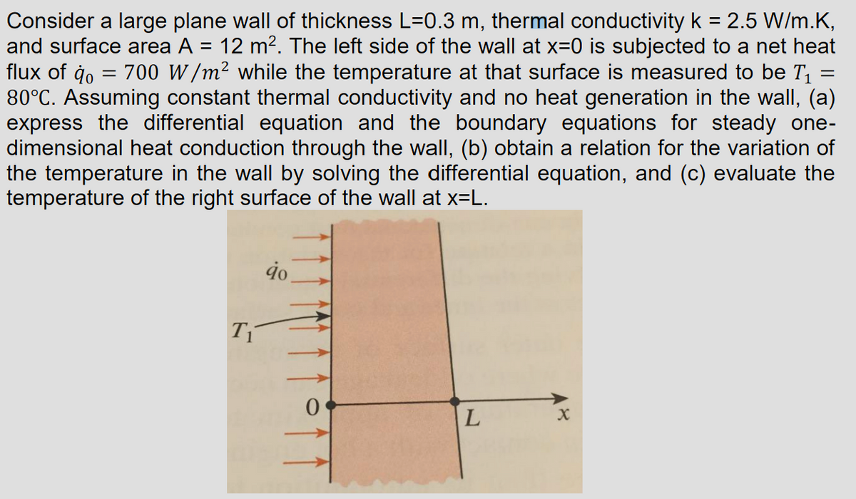 =
Consider a large plane wall of thickness L=0.3 m, thermal conductivity k = 2.5 W/m.K,
and surface area A = 12 m². The left side of the wall at x=0 is subjected to a net heat
flux of ɖo = 700 W/m² while the temperature at that surface is measured to be T₁ =
80°C. Assuming constant thermal conductivity and no heat generation in the wall, (a)
express the differential equation and the boundary equations for steady one-
dimensional heat conduction through the wall, (b) obtain a relation for the variation of
the temperature in the wall by solving the differential equation, and (c) evaluate the
temperature of the right surface of the wall at x=L.
Ti
до
L
X