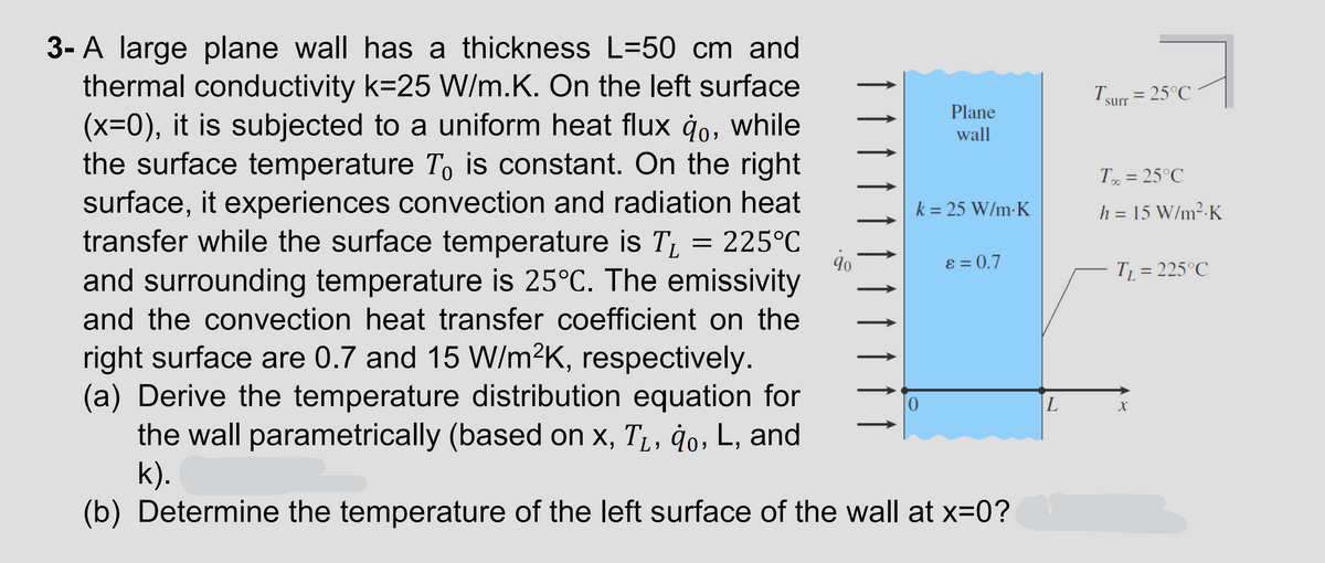3- A large plane wall has a thickness L=50 cm and
thermal conductivity k=25 W/m.K. On the left surface
(x=0), it is subjected to a uniform heat flux go, while
the surface temperature To is constant. On the right
surface, it experiences convection and radiation heat
transfer while the surface temperature is TL
= 225°C
and surrounding temperature is 25°C. The emissivity
and the convection heat transfer coefficient on the
right surface are 0.7 and 15 W/m²K, respectively.
(a) Derive the temperature distribution equation for
the wall parametrically (based on x, T₁, qo, L, and
k).
Plane
wall
Tsurr = 25°C
T% = 25°C
k = 25 W/m.K
h = 15 W/m²K
90
ε = 0.7
T₁ = 225°C
(b) Determine the temperature of the left surface of the wall at x=0?
L
x