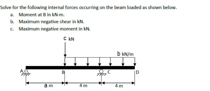 Solve for the following internal forces occurring on the beam loaded as shown below.
a. Moment at B in kN-m.
b. Maximum negative shear in kN.
c. Maximum negative moment in kN.
C kN
b kN/m
A
BỊ
|D
a m
4 m
4 m
