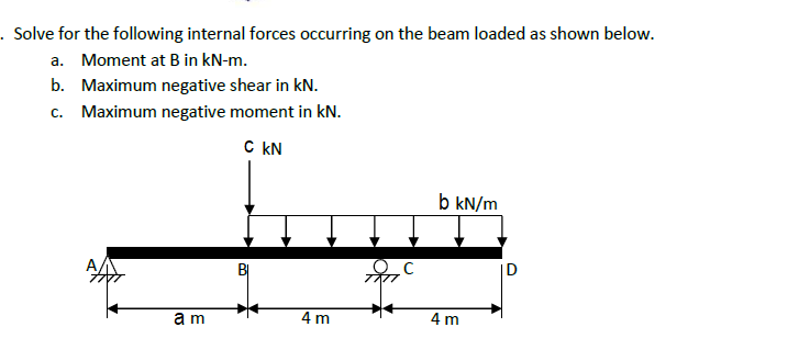 . Solve for the following internal forces occurring on the beam loaded as shown below.
a. Moment at B in kN-m.
b. Maximum negative shear in kN.
c. Maximum negative moment in kN.
C kN
b kN/m
D
AA
BỊ
am
4 m
4 m
