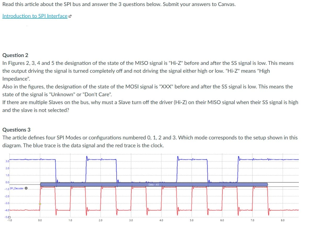 Read this article about the SPI bus and answer the 3 questions below. Submit your answers to Canvas.
Introduction to SPI Interface e
Question 2
In Figures 2, 3, 4 and 5 the designation of the state of the MISO signal is "Hi-Z" before and after the SS signal is low. This means
the output driving the signal is turned completely off and not driving the signal either high or low. "Hi-Z" means "High
Impedance".
Also in the figures, the designation of the state of the MOSI signal is "XXX" before and after the SS signal is low. This means the
state of the signal is "Unknown" or "Don't Care".
If there are multiple Slaves on the bus, why must a Slave turn off the driver (Hi-Z) on their MISO signal when their SS signal is high
and the slave is not selected?
Questions 3
The article defines four SPI Modes or configurations numbered 0, 1, 2 and 3. Which mode corresponds to the setup shown in this
diagram. The blue trace is the data signal and the red trace is the clock.
3.0
2.0%
1.0
0.0
Data - AS
-1.0 SPLDecoder
-2.0
-3.01
-4.0
-5.0
-1.0
0.0
1.0
2.0
3.0
4.0
5.0
6.0
7.0
8.0
