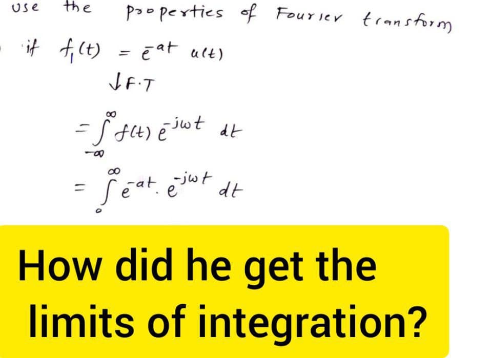 Use
the
if f₁ (t)
properties of Fourier transform
eat alt)
JF.T
-jwt
=j² f(t) @ ³wt dt
-00
feat. ejut dt
=
How did he get the
limits of integration?