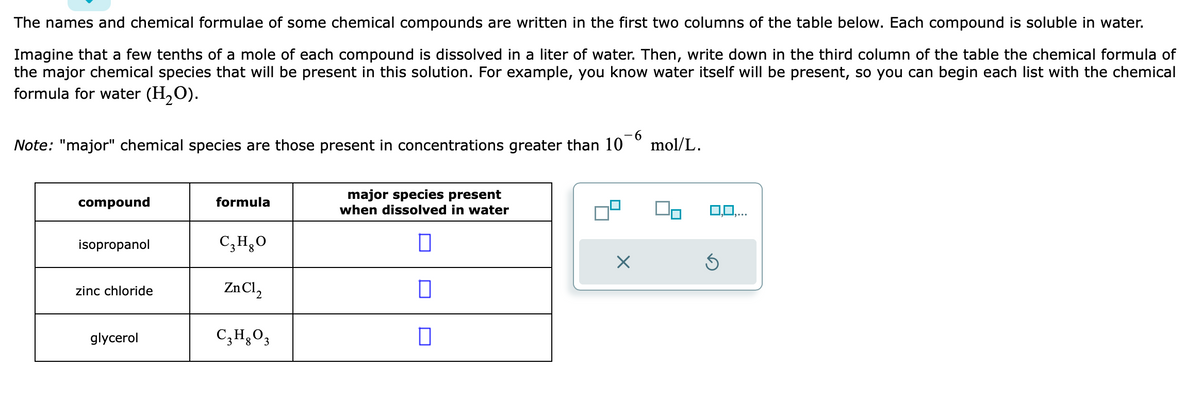 The names and chemical formulae of some chemical compounds are written in the first two columns of the table below. Each compound is soluble water.
Imagine that a few tenths of a mole of each compound is dissolved in a liter of water. Then, write down in the third column of the table the chemical formula of
the major chemical species that will be present in this solution. For example, you know water itself will be present, so you can begin each list with the chemical
formula for water (H₂O).
-6
Note: "major" chemical species are those present in concentrations greater than 10
compound
isopropanol
zinc chloride
glycerol
formula
C3H8O
ZnCl₂
C₂H₂O3
major species present
when dissolved in water
0
0
0
mol/L.
0,0,...