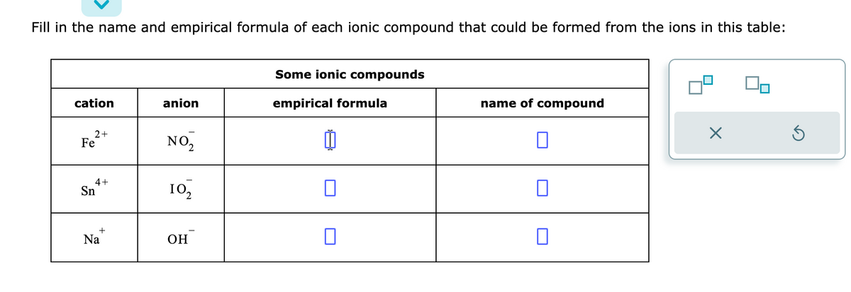 Fill in the name and empirical formula of each ionic compound that could be formed from the ions in this table:
cation
2+
Fe
4+
Sn
+
Na
anion
NO,
10₂
OH
Some ionic compounds
empirical formula
0
0
name of compound
n
0
7
X
Ś
