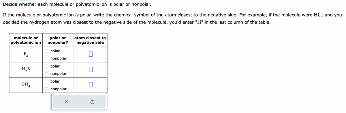 Decide whether each molecule or polyatomic ion is polar or nonpolar.
If the molecule or polyatomic ion is polar, write the chemical symbol of the atom closest to the negative side. For example, if the molecule were HCl and you
decided the hydrogen atom was closest to the negative side of the molecule, you'd enter "H" in the last column of the table.
molecule or
polyatomic ion
F₂
2
H₂S
CHA
polar or
nonpolar?
polar
nonpolar
polar
nonpolar
polar
nonpolar
X
atom closest to
negative side
0
0
0
Ś