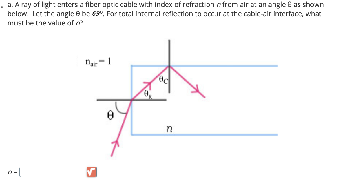 a. A ray of light enters a fiber optic cable with index of refraction n from air at an angle e as shown
below. Let the angle 0 be 69°. For total internal reflection to occur at the cable-air interface, what
must be the value of n?
n =
nair = 1
0
θα
θα
n