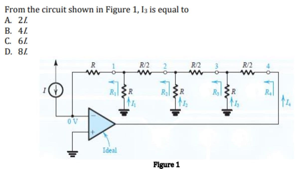 From the circuit shown in Figure 1, 13 is equal to
A. 21.
B. 4I
C. 6I
D. 81.
I
OV
R
www
R₁
Ideal
R/2
www
R₂ R
Figure 1
R/2
www
12
Ry
1₂
R/2
www
R4
