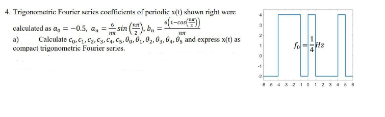 4. Trigonometric Fourier series coefficients of periodic x(t) shown right were
6(1-cos())
TLT
3
calculated as ao = -0.5, an
-sin b₁
=
na
NT
2
a) Calculate Co, C₁, C2, C3, C4, C5, 00, 01, 02, 03, 04, 05 and express x(t) as
compact trigonometric Fourier series.
1
fo=Hz
0
-1
-2
6 5 4 3 2 1 0 1 2 3 4 5 6