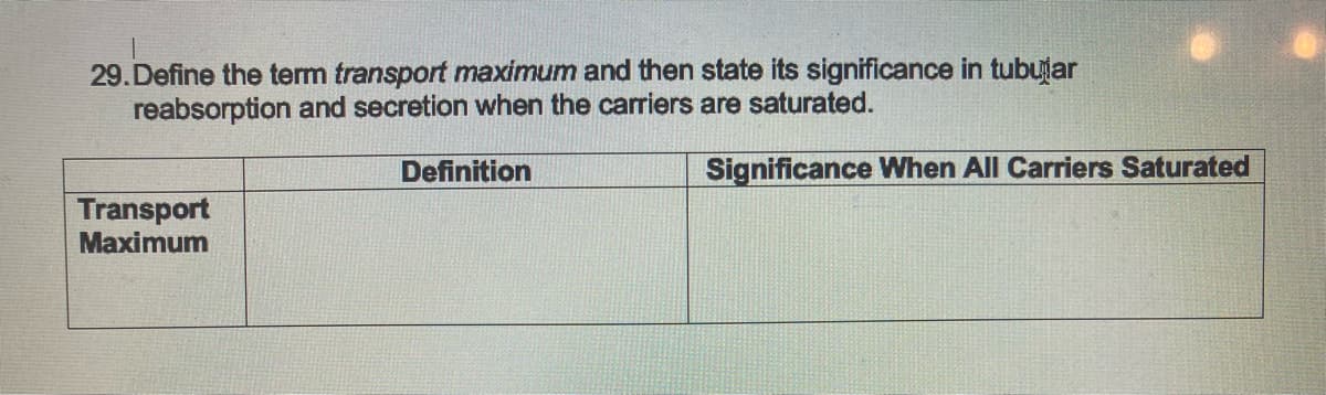 29. Define the term transport maximum and then state its significance in tubular
reabsorption and secretion when the carriers are saturated.
Transport
Maximum
Definition
Significance When All Carriers Saturated