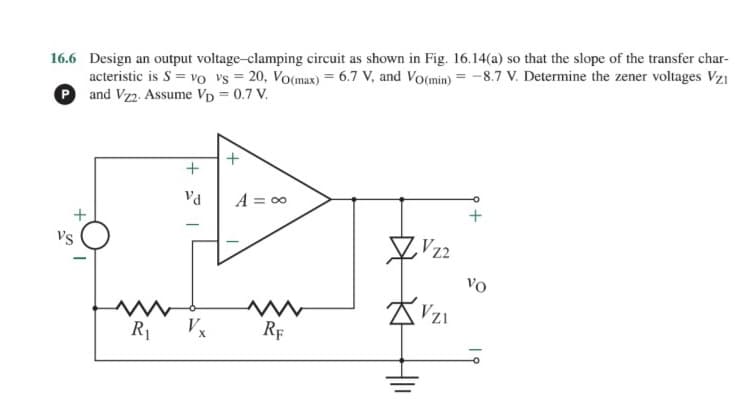 16.6 Design an output voltage-clamping circuit as shown in Fig. 16.14(a) so that the slope of the transfer char-
acteristic is S = vo vs = 20, Vo(max) = 6.7 V, and Vo(min) = -8.7 V. Determine the zener voltages Vzi
and V22. Assume Vp = 0.7 V.
P
S
+==
Vd A = ∞
I
M
R₁ Vx RE
V22
Vz1
Vo