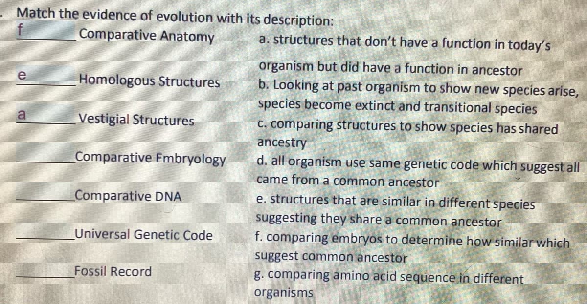 Match the evidence of evolution with its description:
f
Comparative Anatomy
a. structures that don't have a function in today's
organism but did have a function in ancestor
b. Looking at past organism to show new species arise,
species become extinct and transitional species
e
Homologous Structures
a
Vestigial Structures
C. comparing structures to show species has shared
ancestry
Comparative Embryology
d. all organism use same genetic code which suggest all
came from a common ancestor
Comparative DNA
e. structures that are similar in different species
suggesting they share a common ancestor
Universal Genetic Code
f. comparing embryos to determine how similar which
suggest common ancestor
Fossil Record
g. comparing amino acid sequence in different
organisms
