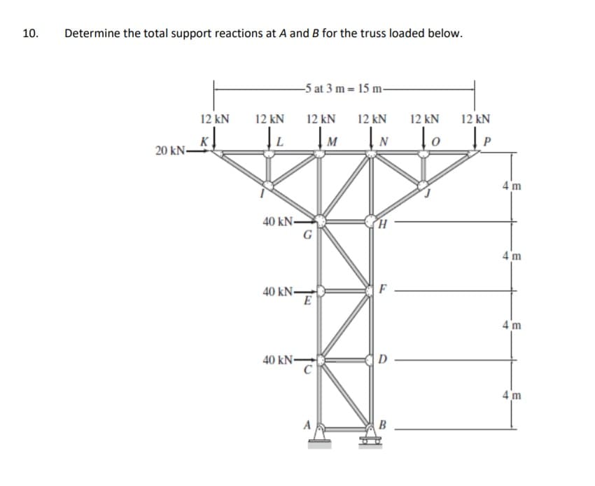 10.
Determine the total support reactions at A and B for the truss loaded below.
-5 at 3 m = 15 m-
12 kN
12 kN
12 kN
12 kN
12 kN
12 kN
K
20 kN-
L
M
P
4 m
40 kN-
4 m
F
40 kN-
E
4 'm
40 kN
D
4m
B
