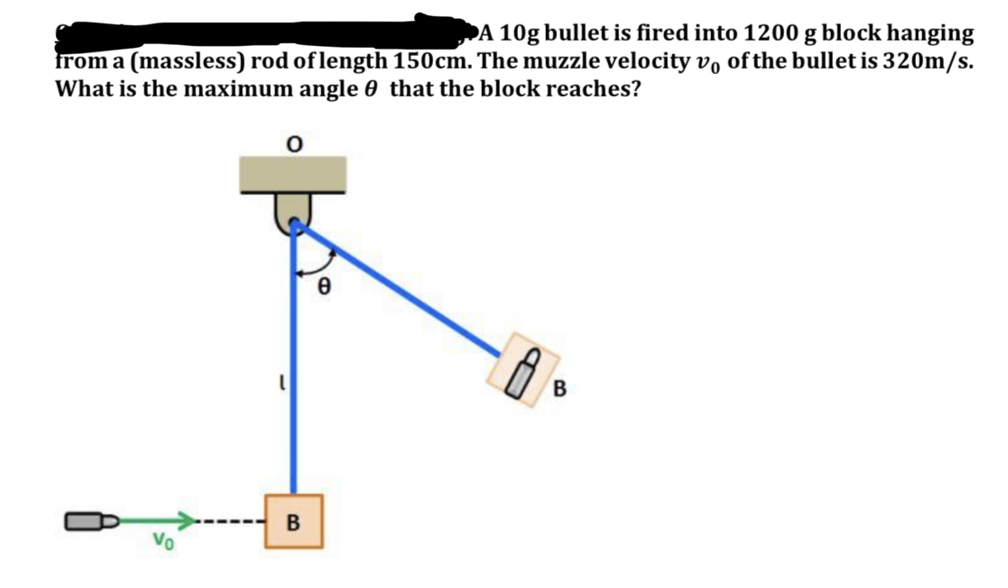 DA 10g bullet is fired into 1200 g block hanging
from a (massless) rod of length 150cm. The muzzle velocity vo of the bullet is 320m/s.
What is the maximum angle 0 that the block reaches?
Vo
