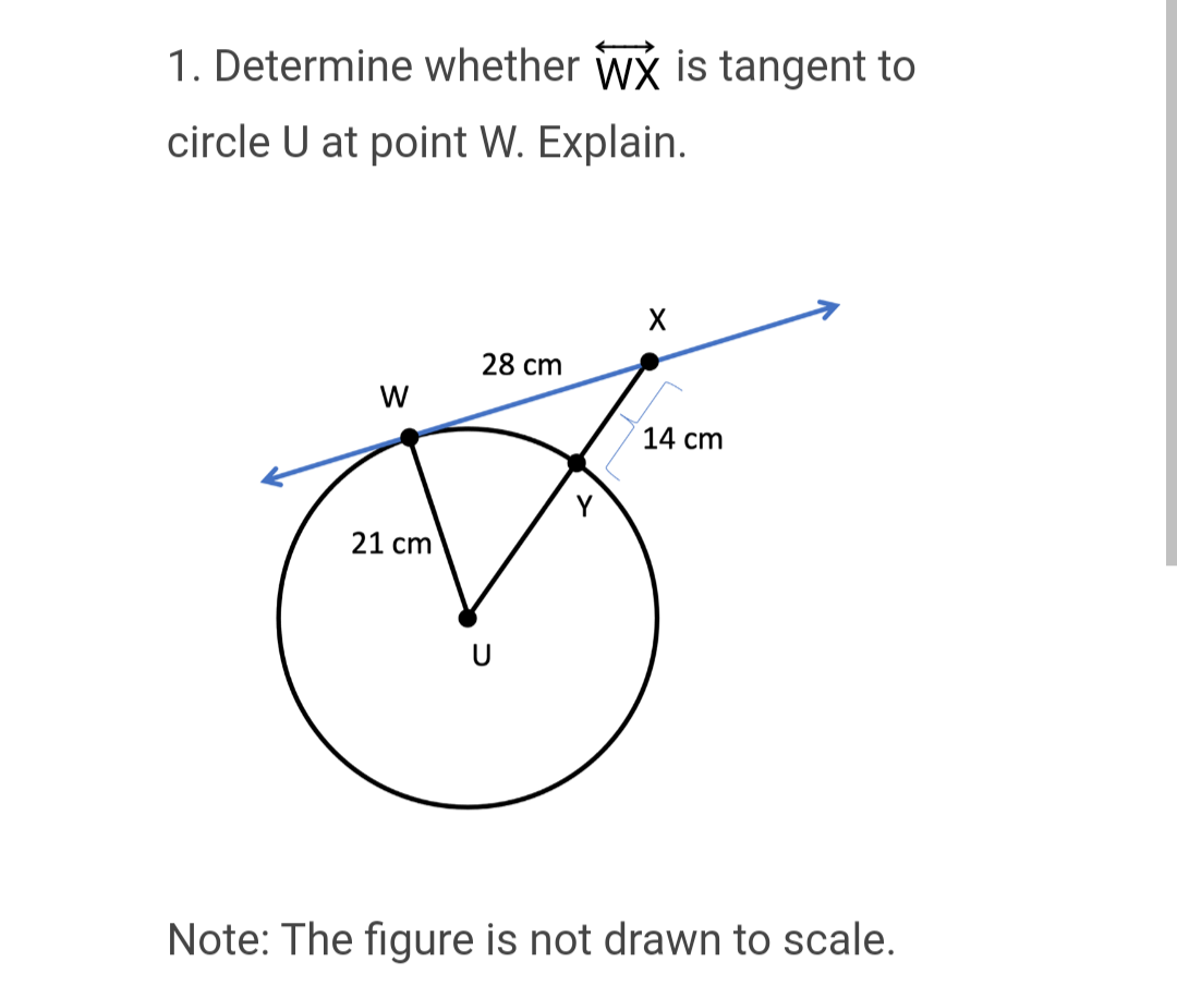 1. Determine whether WX is tangent to
circle U at point W. Explain.
W
21 cm
28 cm
X
14 cm
Note: The figure is not drawn to scale.
