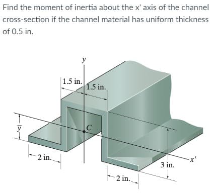 Find the moment of inertia about the x' axis of the channel
cross-section if the channel material has uniform thickness
of 0.5 in.
2 in..
y
1.5 in.
1.5 in.
2 in.
3 in.