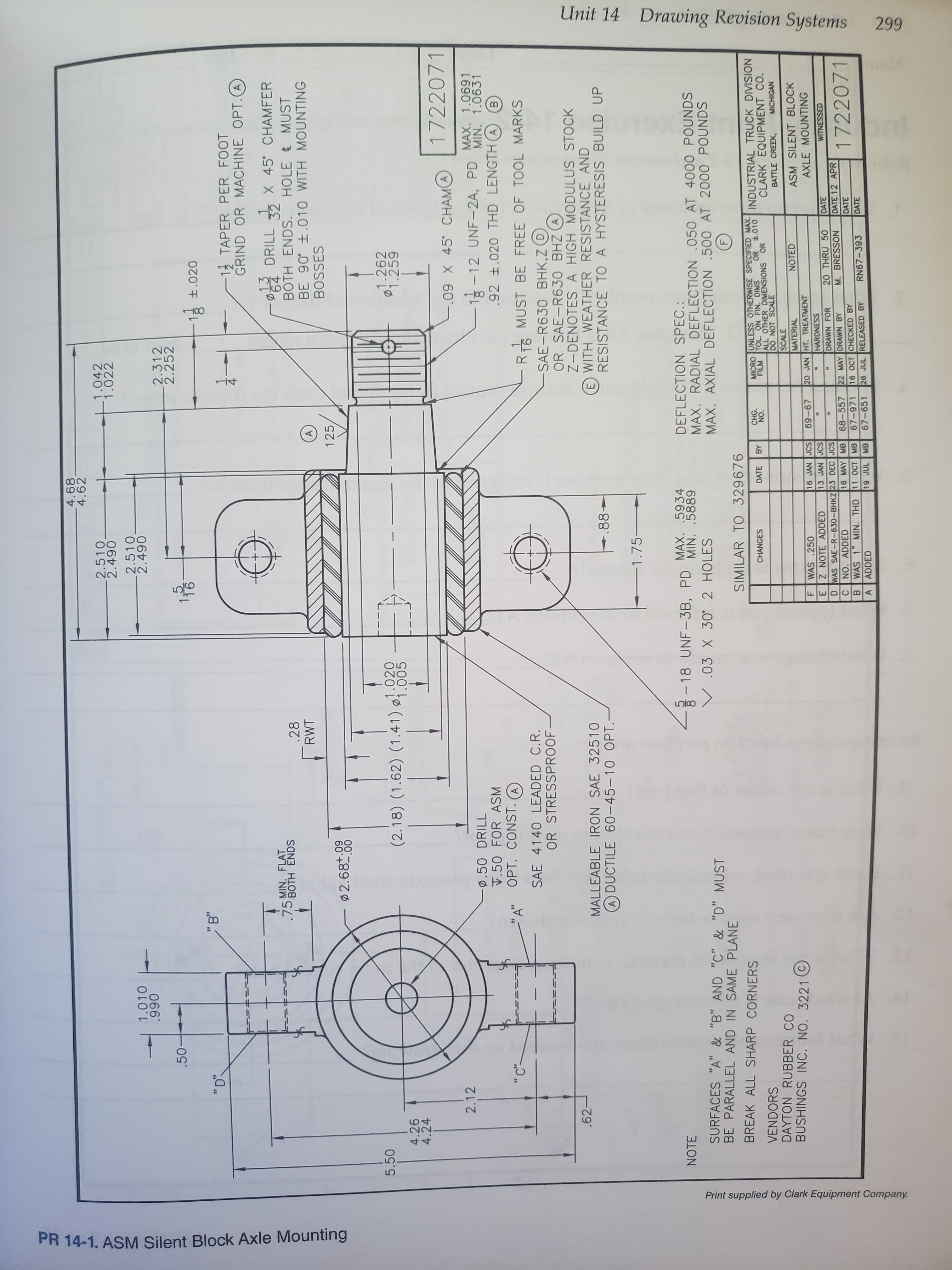 Unit 14 Drawing Revision Systems
299
114
Print supplied by Clark Equipment Company
PR 14-1. ASM Silent Block Axle Mounting
4.68
4.62
2.510
2.490
2.510
2.490
1.042
1.022
1.010
066
2.312
2.252
0
-1 t.020
"B"
-12 TAPER PER FOOT
GRIND OR MACHINE OPT.(A
DDRILL X 45 CHAMFER
BOTH ENDS
BE 90 t.010 WITH MOUNTING
BOSSES
MIN. FLAT
.75 BOTH ENDS
32
HOLE MUST
.28
RWT
125
2.68+.09
000
5.50
(2.18) (1.62) (1.41) 005
1.020
1.262
1.259
4.26
4.24
1722071
-.09 X 45 CHAMA
2.12
-ø.50 DRILL
V.50 FOR ASM
OPT. CONST.
12-12 UNF-2A, PD
.92 t.020 THD LENGTH (A
MAX. 1.0691
MIN. 1.0631
"A"
- R MUST BE FREE OF TOOL MARKS
-SAE-R630 BHK,Z D
OR SAE-R630 BHZ A
Z-DENOTESA HIGH MODULUS STOCK
E WITH WEATHER RESISTANCE AND
RESISTANCE TO A HYSTERESIS BUILD UP
SAE 4140 LEAD ED C.R.
OR STRESSPROOF
.62
MALLEABLE IRON SAE 32510
A DUCTILE 60-45-10 OPT.
+.88
1.75-
-18 UNF-3B, PD
V.03 X 30 2 HOLES
MAX. .5934
MIN. .5889
NOTE
SURFACES "A" & "B" AND "C" & "D" MUST
BE PARALLEL AND IN SAME PLANE
DEFLECTION SPEC.:
MAX. RADIAL DEFLECTION .050 AT 4000 POUNDS
MAX. AXIAL DEFLECTION 500 AT 2000 POUNDS
BREAK ALL SHARP CORNERS
SIMILAR TO 329676
MICRO UNLESS OTHERWISE SPECIFIED MAX.
FILM
OR 010 INDUSTRIAL TRUCK DIVISION
CLARK EQUIPMENT CO.
CHG.
CHANGES
DATE
BY
VENDORS
DAYTON RUBBER CO
BUSHINGS INC. NO. 3221 C
TOL. ON FIN. DIMS
ALL OTHER DIMENSIONS OR
DO NOT SCALE
SCALE
MATERIAL
ON
BATTLE CREEK,
MICHIGAN
NOTED
ASM SILENT BLOCK
20 JAN HT. TREATMENT
WAS .250
Z NOTE ADDED
D WAS SAE-R-630-BHKZ 23 DEC JCS
CNO. ADDED
WAS 1 MIN. THD
A ADDED
16 JAN JCS
AXLE MOUNTING
13 JAN JCS
HARDNESS
ea
20 THRU 50
M. BRESSON
DRAWN FOR
DATE
68-557
67-971
67-651
22 MAY DRAWN BY
16 OCT CHECKED BY
26 JUL RELEASED BY
DATE 12 APR
DATE
DATE
16 MAY MB
1722071
11
ОСТ | МВ
MB
RN67-393
