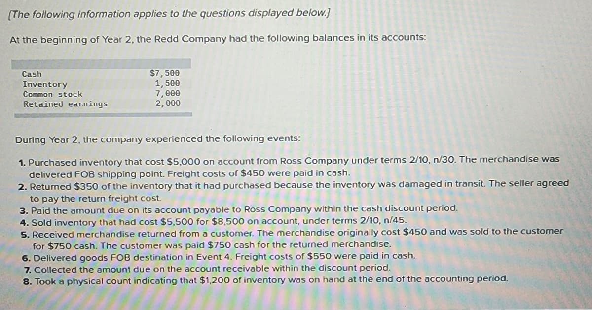 [The following information applies to the questions displayed below.]
At the beginning of Year 2, the Redd Company had the following balances in its accounts:
Cash
Inventory
Common stock
Retained earnings
$7,500
1,500
7,000
2,000
During Year 2, the company experienced the following events:
1. Purchased inventory that cost $5,000 on account from Ross Company under terms 2/10, n/30. The merchandise was
delivered FOB shipping point. Freight costs of $450 were paid in cash.
2. Returned $350 of the inventory that it had purchased because the inventory was damaged in transit. The seller agreed
to pay the return freight cost.
3. Paid the amount due on its account payable to Ross Company within the cash discount period.
4. Sold inventory that had cost $5,500 for $8,500 on account, under terms 2/10, n/45.
5. Received merchandise returned from a customer. The merchandise originally cost $450 and was sold to the customer
for $750 cash. The customer was paid $750 cash for the returned merchandise.
6. Delivered goods FOB destination in Event 4. Freight costs of $550 were paid in cash.
7. Collected the amount due on the account receivable within the discount period.
8. Took a physical count indicating that $1,200 of inventory was on hand at the end of the accounting period.