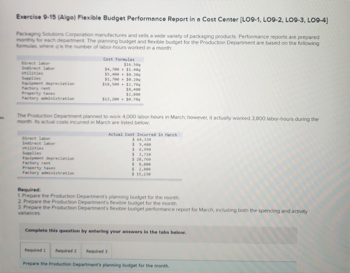 es
Exercise 9-15 (Algo) Flexible Budget Performance Report in a Cost Center [LO9-1, LO9-2, LO9-3, LO9-4]
Packaging Solutions Corporation manufactures and sells a wide variety of packaging products. Performance reports are prepared
monthly for each department. The planning budget and flexible budget for the Production Department are based on the following
formulas, where q is the number of labor-hours worked in a month:
Direct labor
Indirect labor
Utilities
Supplies
Equipment depreciation
Factory rent
Property taxes
Factory administration
Direct labor
Indirect labor
Utilities
Supplies
Equipment depreciation
Cost Formulas
$16.509
$4,700+ $1.40q
$5,400+ $0.30q
$1,700 + $0.20q
$18,500+ $2.709
$8,400
The Production Department planned to work 4,000 labor-hours in March; however, it actually worked 3,800 labor-hours during the
month. Its actual costs incurred in March are listed below:
Factory rent
Property taxes
Factory administration
$2,800
$13, 200+ $0.709
Actual Cost Incurred in March
$ 64,320
$
9,480
$ 6,990
$ 2,710
$ 28,760
$ 8,800
$ 2,800
$ 15,230
Required:
1. Prepare the Production Department's planning budget for the month.
2. Prepare the Production Department's flexible budget for the month.
3. Prepare the Production Department's flexible budget performance report for March, including both the spending and activity
variances.
Complete this question by entering your answers in the tabs below.
Required 1 Required 2 Required 3
Prepare the Production Department's planning budget for the month.