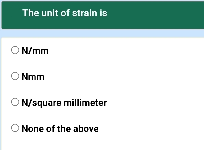 The unit of strain is
ON/mm
Nmm
N/square millimeter
None of the above