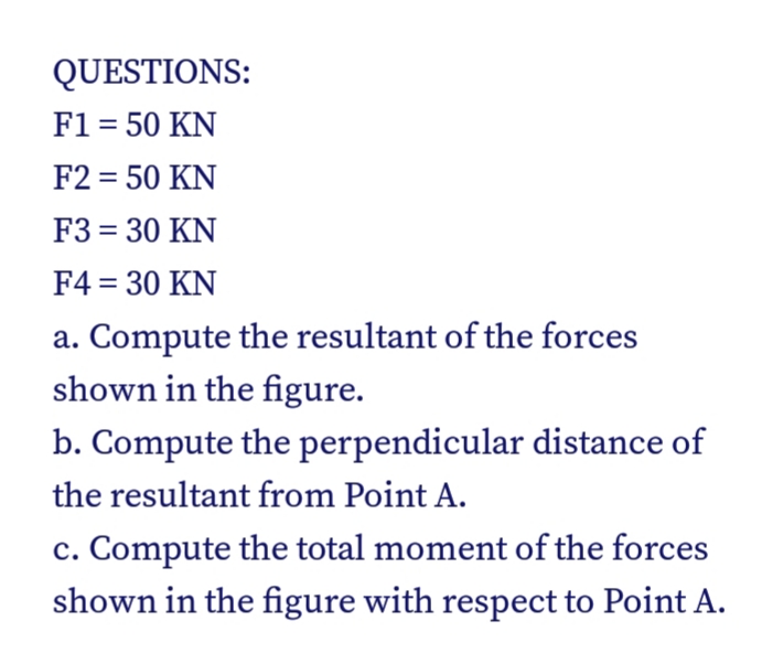QUESTIONS:
F1 = 50 KN
F2 = 50 KN
F3 = 30 KN
F4 = 30 KN
a. Compute the resultant of the forces
shown in the figure.
b. Compute the perpendicular distance of
the resultant from Point A.
c. Compute the total moment of the forces
shown in the figure with respect to Point A.
