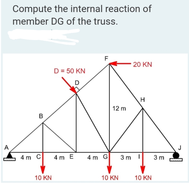 Compute the internal reaction of
member DG of the truss.
F
20 KN
D = 50 KN
12 m
B
A
4 m C
4 m E
4 m G
3 m I
3 m
10 KN
10 KN
10 KN
