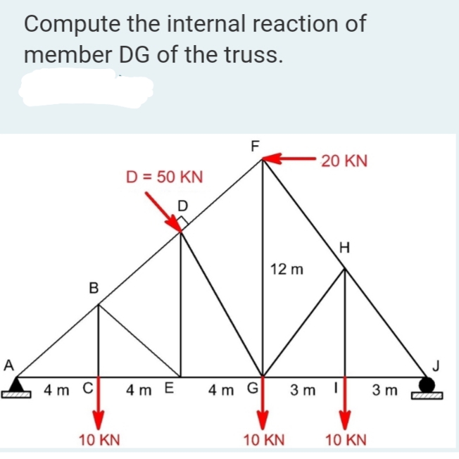 Compute the internal reaction of
member DG of the truss.
20 KN
D = 50 KN
D
12 m
B
A
4 m C
4 m E
4 m G
3 m I
3 m
10 KN
10 KN
10 KN
