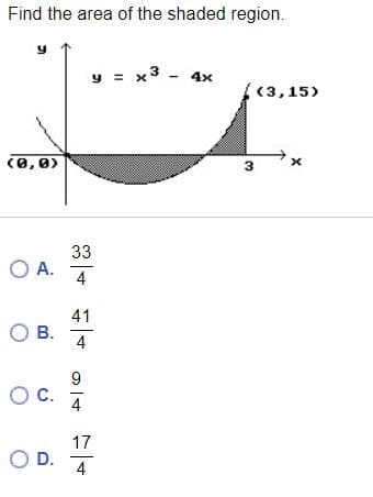 Find the area of the shaded region.
= x3
y
4x
(3,15)
(0,0)
3
33
O A.
4
41
OB.
OC.
4
17
OD.
4
