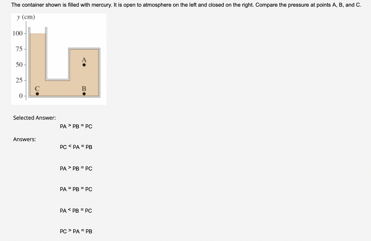 The container shown is filled with mercury. It is open to atmosphere on the left and closed on the right. Compare the pressure at points A, B, and C.
y (cm)
100-
75
50
25
0-
C
Selected Answer:
Answers:
B
PA > PB = PC
PC < PA = PB
PA > PB = PC
PA = PB = PC
PA < PB = PC
PC > PA = PB
