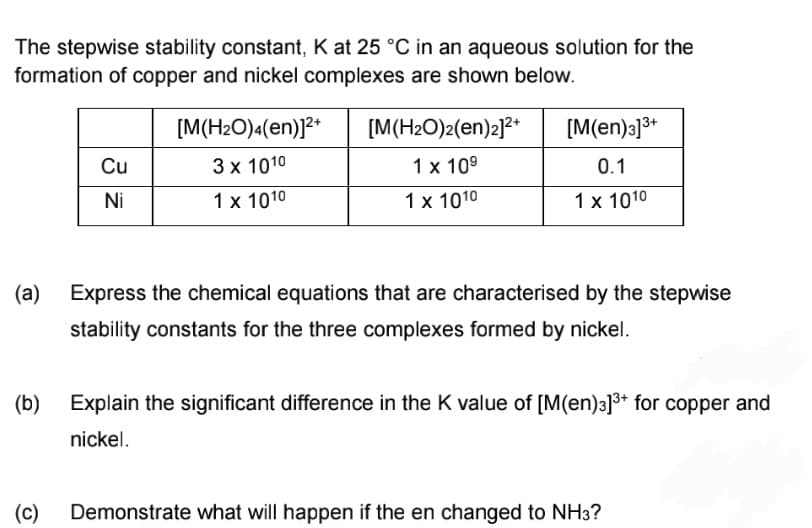 The stepwise stability constant, K at 25 °C in an aqueous solution for the
formation of copper and nickel complexes are shown below.
[M(H2O)a(en)]2*
[M(H2O)2(en)2]?*
[M(en)3]*
Cu
3х 1010
1 x 10°
0.1
Ni
1 x 1010
1 x 1010
1х 1010
(а)
Express the chemical equations that are characterised by the stepwise
stability constants for the three complexes formed by nickel.
(b)
Explain the significant difference in the K value of [M(en)3]** for copper and
nickel.
(c)
Demonstrate what will happen if the en changed to NH3?
