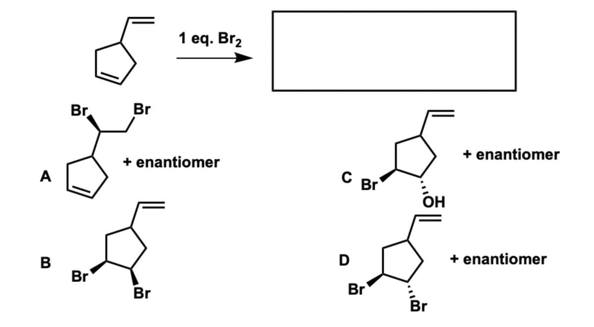 1 eq. Br2
Br
Br
+ enantiomer
+ enantiomer
A
Br
OH
D
+ enantiomer
В
Br
Br
Br
Br
