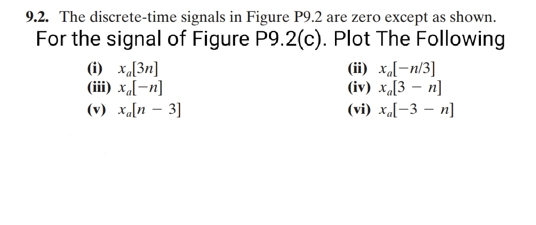 9.2. The discrete-time signals in Figure P9.2 are zero except as shown.
For the signal of Figure P9.2(c). Plot The Following
(i) xa[3n]
(iii) xal-n]
(ii) xa[-n/3]
(iv) х.[3 — п]
(v) xa[n – 3]
(vi) x.-3 — п]
