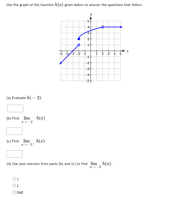 Use the graph of the function h(x) given below to answer the questions that follow.
4-
2+
-4/3 -2 -1
3 4 5
-2-
-3-
-4-
-5+
(a) Evaluate h( –- 2).
(b) Find lim
h(x)
I-2
(c) Find lim
h(x)
I -2+
(d) Use your answers from parts (b) and (c) to find lim h(x).
I+-2
1
DNE
