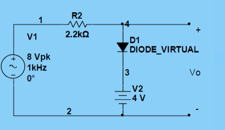 R2
1
V1
2.2kn
D1
DIODE_VIRTUAL
8 Vpk
1kHz
Vo
0°
V2
=4 V
3.
