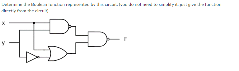 Determine the Boolean function represented by this circuit. (you do not need to simplify it, just give the function
directly from the circuit)
55
Y
F
